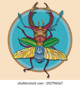 Colorful abstract hand drawn stag-beetle drawing in blue oval frame
