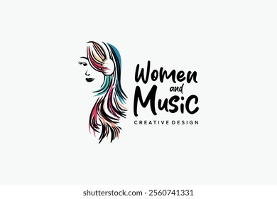 Colorful abstract hand drawn vector design of woman and headphones, music and fashion logo