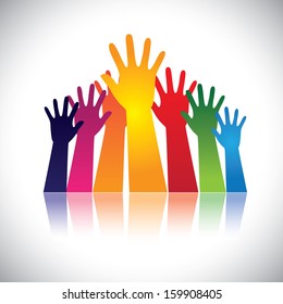 Colorful abstract hand vectors raised together showing unity. This unusual graphic also represents happy children playing, people at party, people asking help, employees protest and demonstration, etc