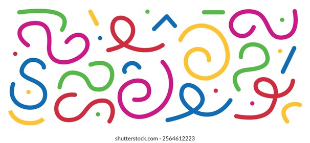 Colorful abstract hand-drawn pattern. The composition consists of a combination of curved lines, dots and squiggles.