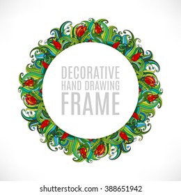 Colorful abstract hand-drawn round pattern, green grass red  flowers background. Doodle wreath. Floral wreath. Round frame. Doodle circle frame.