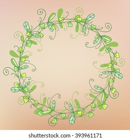 Colorful abstract hand-drawn round pattern, green grass or waves background. Doodle wreath. Floral wreath. Round frame. Doodle circle frame.