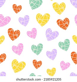 Colorful abstract hearts seamless pattern. Hand drawn doodle shapes background. 90s viibes texture for textile, cover, wrapping paper, wallpaper design