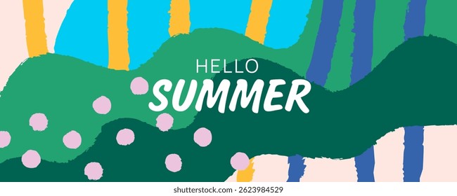 Colorful abstract Hello Summer background in modern artistic style. Digital illustration template for banner, greeting card, invitation, postcard, poster, print, wallpaper 