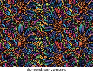 Colorful abstract hippie seamless pattern in vector. Psychedelic pattern.