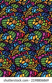Colorful abstract hippie seamless pattern in vector. Psychedelic pattern.