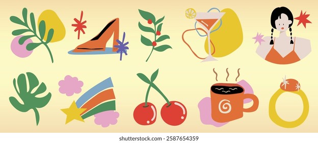 Colorful abstract icons include a shoe, cocktail, and cherries. Playful elements like stars and plants. Vibrant, fun, and creative design. Cute illustrations, isolated vector set.