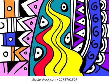 A colorful abstract illustration with bold geometric and organic patterns.