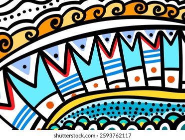 A colorful abstract illustration with bold geometric and organic patterns.