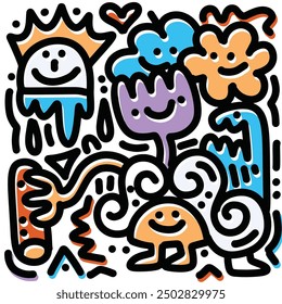 Colorful abstract illustration of cartoon flowers and clouds with bold lines and an offset effect, featuring smiling faces and playful shapes, set against a white background.
