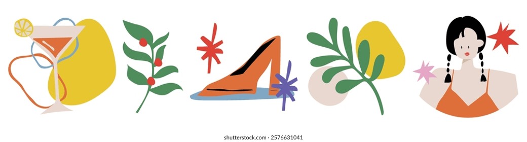 Colorful abstract illustration with cocktail, leaves, shoe, and woman. Vibrant colors, abstract shapes, and playful design elements create a lively scene. Isolated vector set.