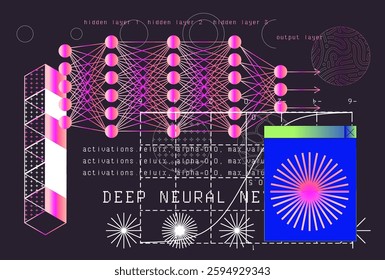 Colorful abstract illustration of a deep neural network with interconnected layers, graphs, and geometric shapes on a black background. It symbolizes machine learning and complex data processing.