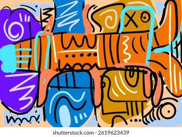 Colorful abstract illustration featuring dynamic tribal patterns