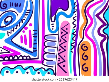 Colorful abstract illustration featuring dynamic tribal patterns
