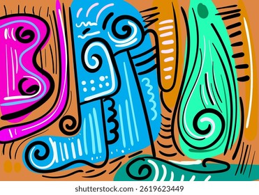 Colorful abstract illustration featuring dynamic tribal patterns