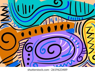 Colorful abstract illustration featuring dynamic tribal patterns