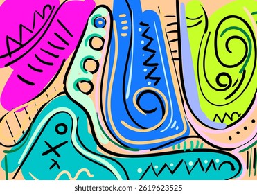 Colorful abstract illustration featuring dynamic tribal patterns