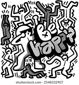 Colorful abstract illustration featuring playful figures and phrase Be Happy in dynamic design. artwork conveys joy and energy through its lively composition.