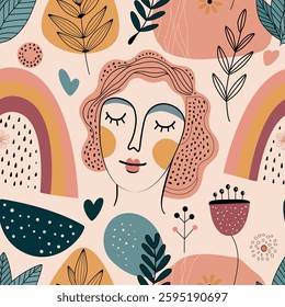 Colorful abstract illustration featuring a serene woman amidst nature-inspired elements and whimsical shapes