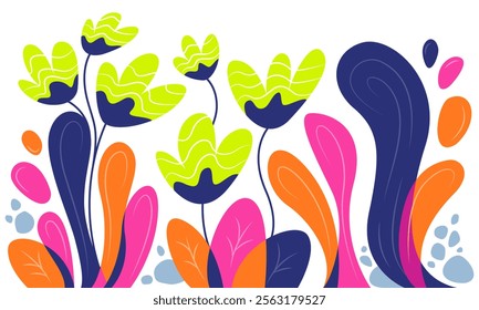 A colorful abstract illustration featuring stylized plants and leaves