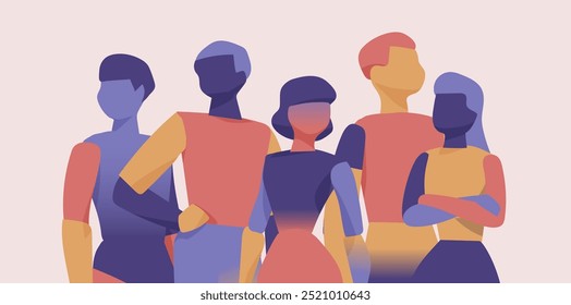 Colorful abstract illustration of five faceless people standing together