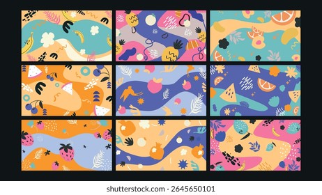 Colorful abstract illustration with fruits, shapes, and squiggles in a playful summer-inspired layout for cheerful design themes.