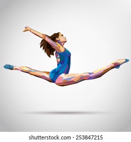 colorful abstract illustration of gymnast jumping girl with triangles