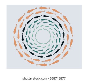 Colorful abstract illustration shoals of fish in the sea in orange and green colors