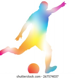 Colorful abstract illustration of a Soccer Player setting up to score a wonder strikers Goal in a Football match through a haze of summer blurs.