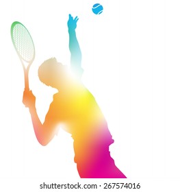 Colorful abstract illustration of a Tennis Player serving high to hit an Ace in this Championship match through a haze of summer blurs.