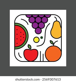 Colorful abstract illustration of various fruits including grapes, watermelon, apple, and pear