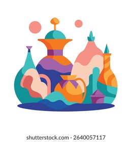 Colorful abstract illustration of various stylized vases arranged on a white background.