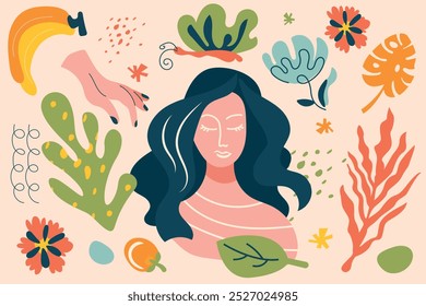 Colorful abstract illustration of a woman surrounded by leaves and flowers.