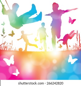 Colorful abstract illustration of a Young Boys Playing, Running and Leaping through a haze of summer blurs.