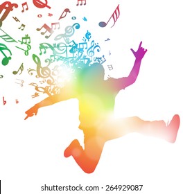 Colorful abstract illustration of a Young Man dancing and Leaping through a haze of musical notes and summer blurs.