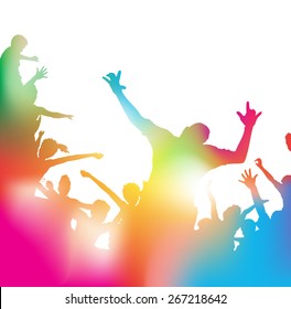 Colorful abstract illustration of a Young People dancing and Leaping through a haze of musical notes and summer blurs.