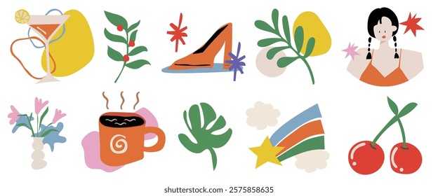 Colorful abstract illustrations featuring a cocktail, plants, high heel, coffee, and cherries. Includes a stylized person with pigtails. Vibrant and playful design. Isolated vector set.