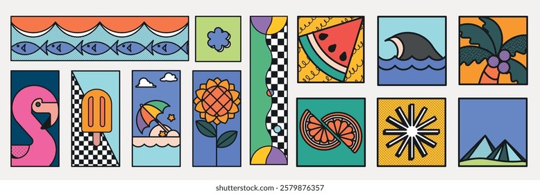 Colorful abstract illustrations with vibrant patterns. Features tropical themes like flamingos, waves, and fruit. Bright, playful, and artistic designs. Summer vacation illustrations, vector set.