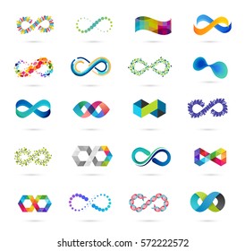 Colorful abstract infinity, endless symbols and icon collection