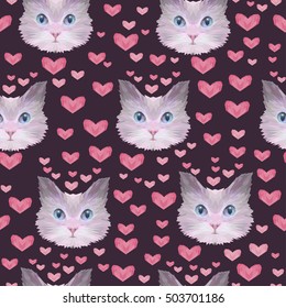 Colorful Abstract kitten head and hearts, seamless pattern, design for textile texture, valentine card, fabric, art