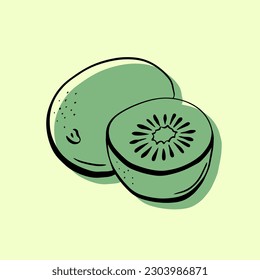 An colorful abstract kiwi fruit on green summer background. The icon is made in one line style and have a flat background. Stylish fruity green illustration, icon, background. Vector graphic.