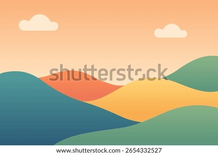 A colorful abstract landscape featuring rolling hills and soft clouds against a gradient sky. Ideal for backgrounds, art projects, or promotional materials.
