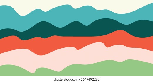 Colorful Abstract Landscape with Layered Wavy Shapes in Earthy Tones. Ideal for Backgrounds, Nature Themed Design, Retro Art, and Modern Abstract Creations.