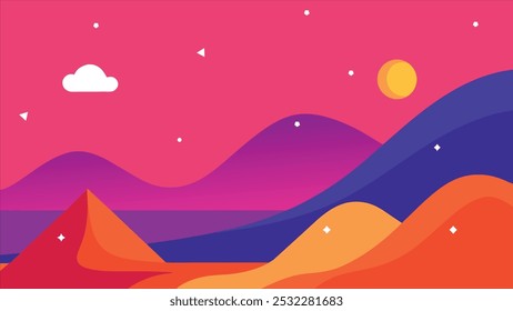 A colorful, abstract landscape with mountains and a sun. The sky is pink and the mountains are orange and blue