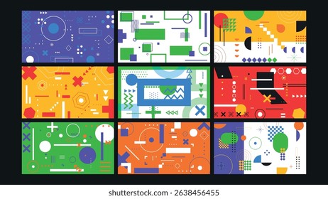 Colorful abstract layout filled with Memphis-style geometric elements and fluid forms in bright modern tones, great for trendy visuals.