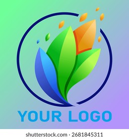 Diseño de logotipo de hoja abstracta colorida en tonos verdes, azules y naranjas degradados con marco circular. Concepto ecológico moderno para la marca de negocios, la naturaleza, el bienestar, la sostenibilidad y la creatividad