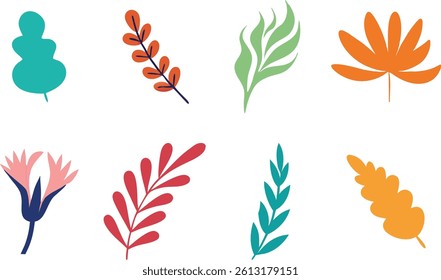 Colorful Abstract Leaves and Floral Elements Vector Set.