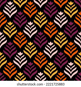 Colorful abstract leaves flower seamless pattern with black background.