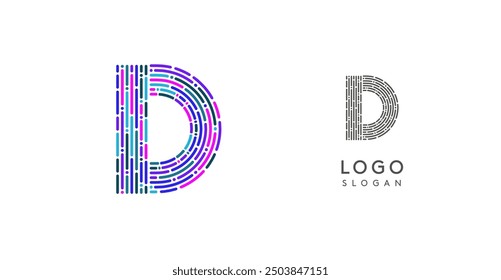 Diseño de logotipo abstracto colorido de la letra D con patrón de circuito futurista. Ideal para empresas de tecnología, medios digitales, software, App, networking, branding. Ilustración vectorial.