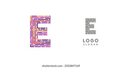 Colorful abstract letter E logo design with futuristic circuit pattern. Ideal for tech companies, digital media, software, apps, networking, branding. Vector illustration.